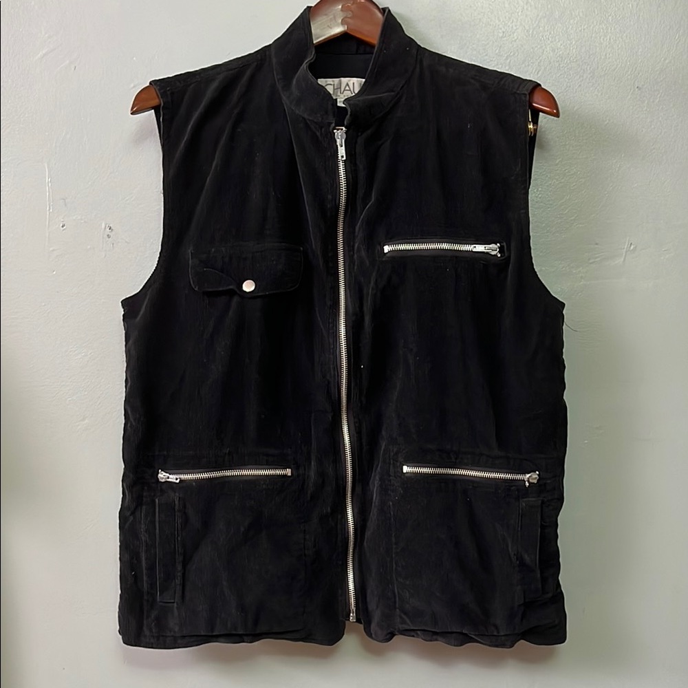 Chaus 100% Cotton Black Corduroy Vest with Stand-Up Collar Silver Zipper Pockets